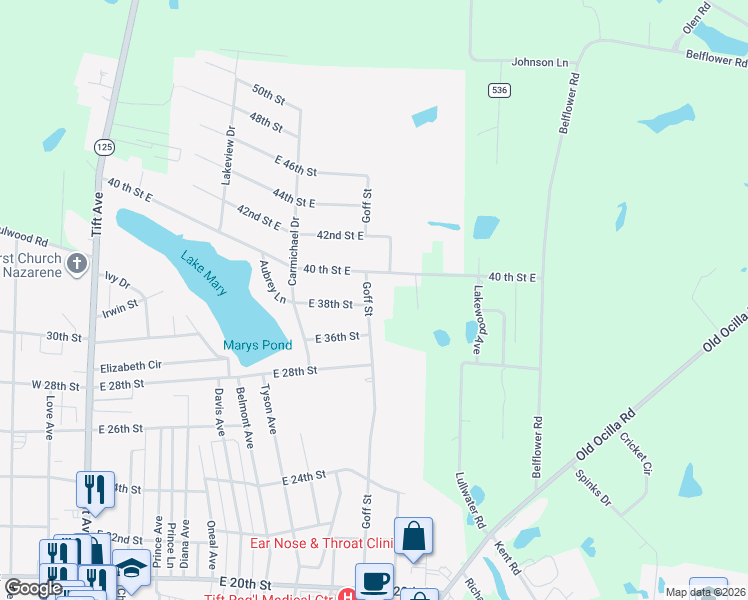 map of restaurants, bars, coffee shops, grocery stores, and more near 3805 Goff Street in Tifton