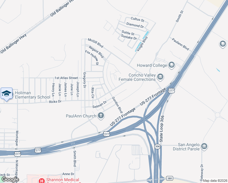 map of restaurants, bars, coffee shops, grocery stores, and more near 2801 Ricks Drive in San Angelo