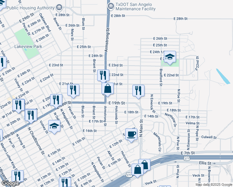 map of restaurants, bars, coffee shops, grocery stores, and more near 2001 Holcomb Street in San Angelo