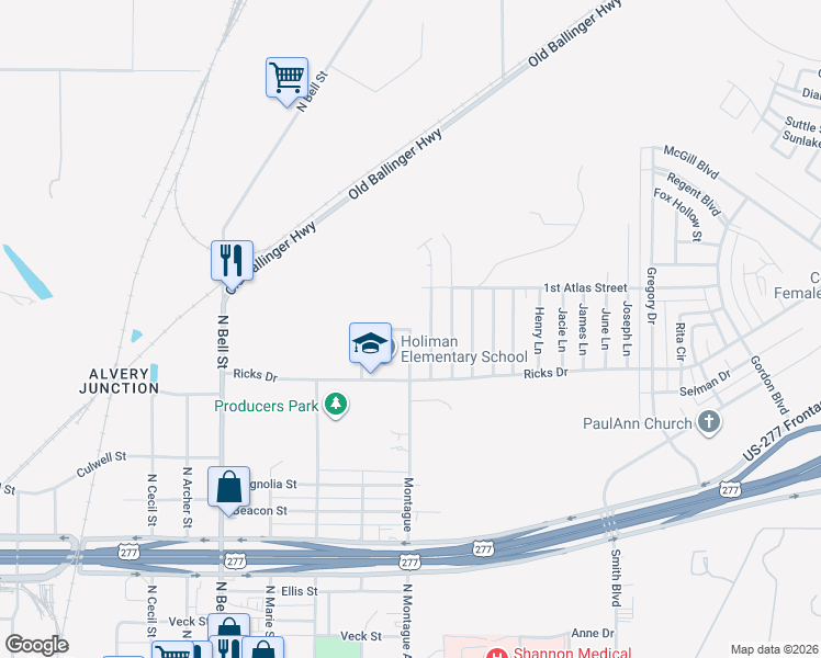 map of restaurants, bars, coffee shops, grocery stores, and more near 1998 Montague in San Angelo