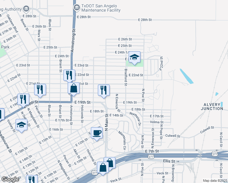 map of restaurants, bars, coffee shops, grocery stores, and more near 1126 East 20th Street in San Angelo