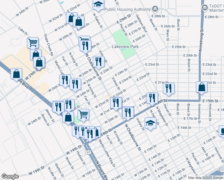 map of restaurants, bars, coffee shops, grocery stores, and more near 2201-2299 Volney St in San Angelo