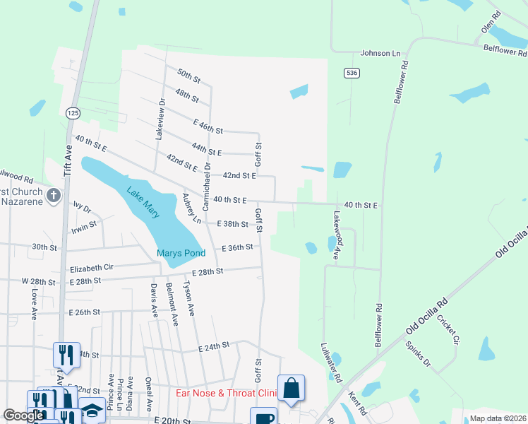 map of restaurants, bars, coffee shops, grocery stores, and more near 3805 Goff Street in Tifton