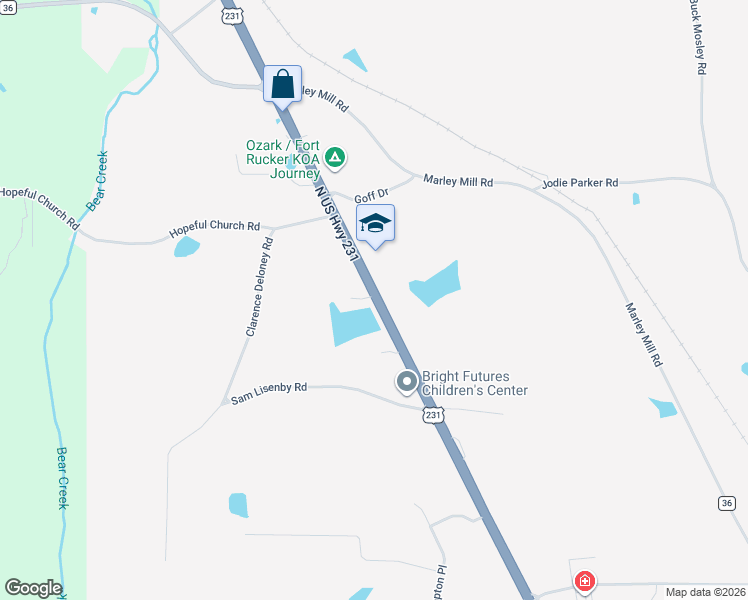 map of restaurants, bars, coffee shops, grocery stores, and more near 2077 North US Highway 231 in Ozark