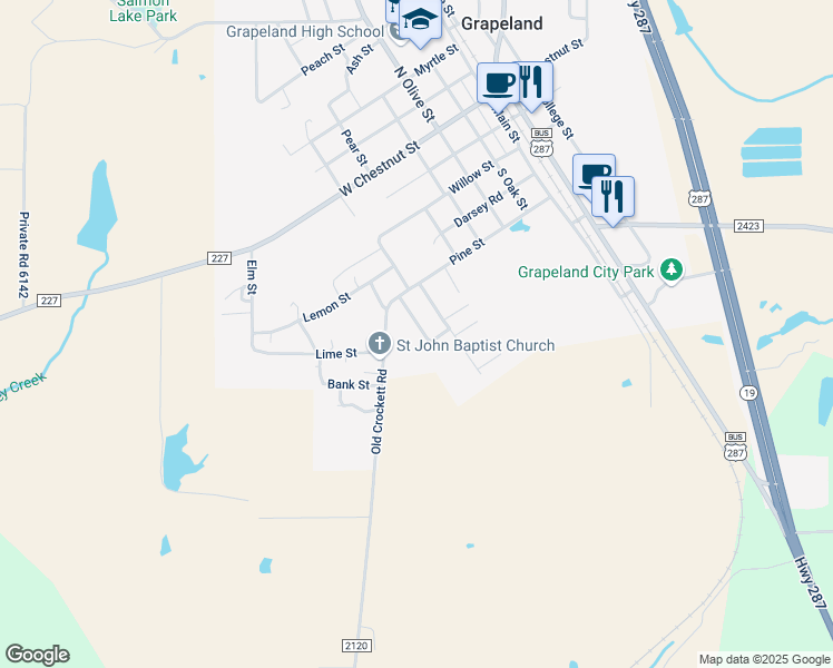 map of restaurants, bars, coffee shops, grocery stores, and more near 420 Carver Street in Grapeland