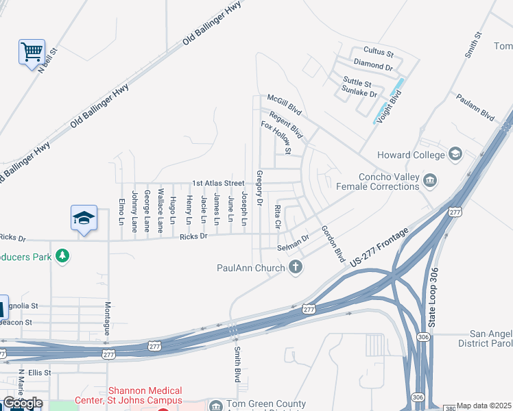map of restaurants, bars, coffee shops, grocery stores, and more near 1217 Gregory Drive in San Angelo