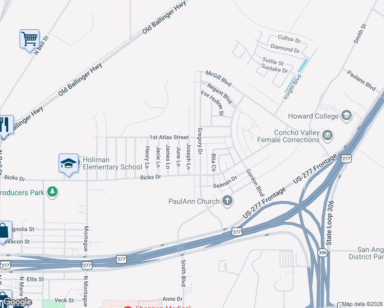 map of restaurants, bars, coffee shops, grocery stores, and more near 1217 Gregory Drive in San Angelo