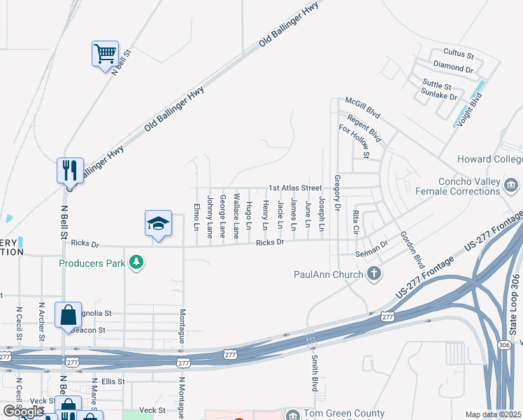 map of restaurants, bars, coffee shops, grocery stores, and more near 1219 Henry Lane in San Angelo