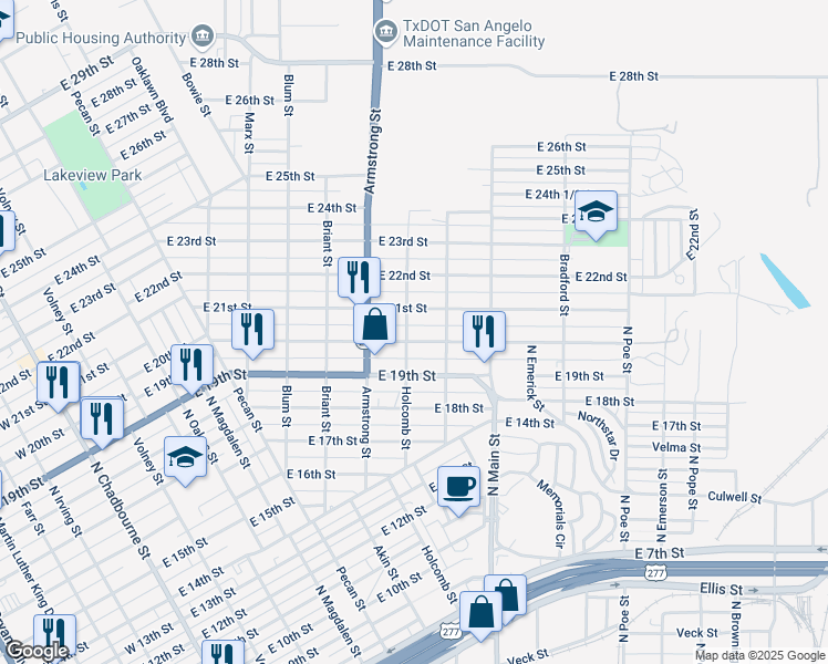 map of restaurants, bars, coffee shops, grocery stores, and more near 2001-2099 Holcomb Street in San Angelo