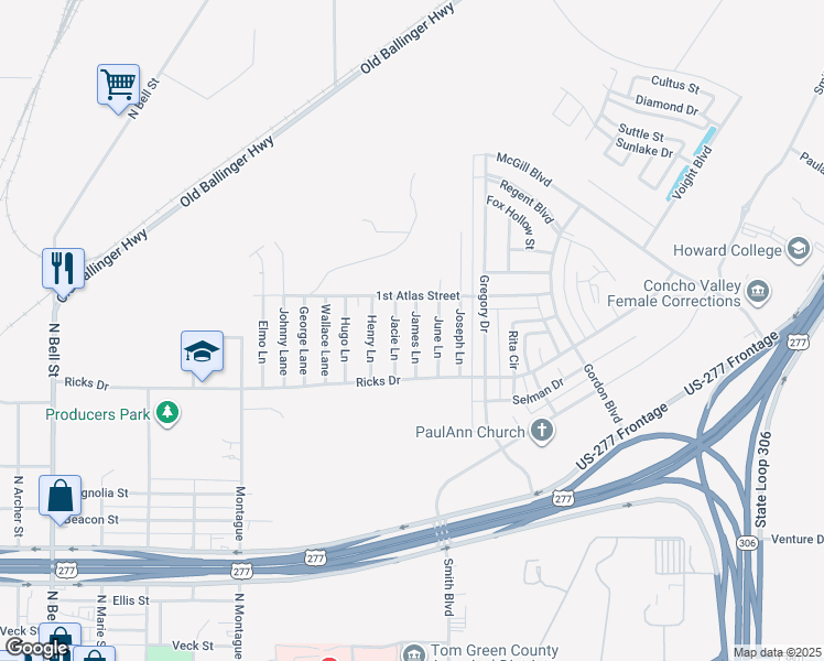 map of restaurants, bars, coffee shops, grocery stores, and more near 1217 James Lane in San Angelo