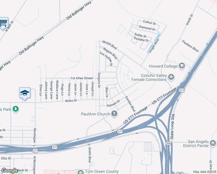 map of restaurants, bars, coffee shops, grocery stores, and more near 1218 Rita Circle in San Angelo