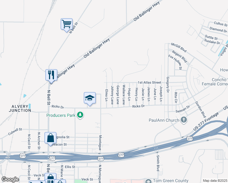 map of restaurants, bars, coffee shops, grocery stores, and more near 1220 Johnny Lane in San Angelo