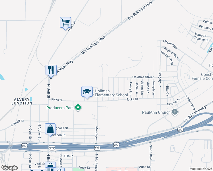 map of restaurants, bars, coffee shops, grocery stores, and more near 1220 Johnny Lane in San Angelo