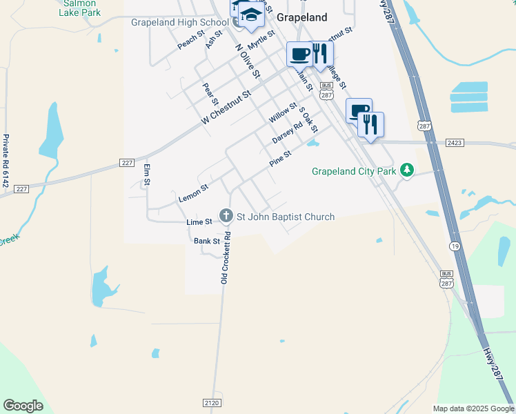 map of restaurants, bars, coffee shops, grocery stores, and more near 420 Carver Street in Grapeland