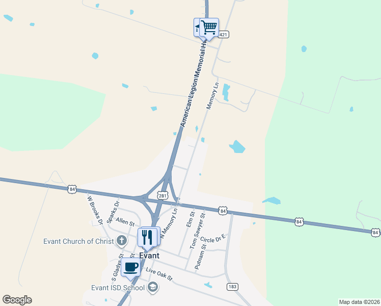 map of restaurants, bars, coffee shops, grocery stores, and more near 934 North Memory Lane in Evant