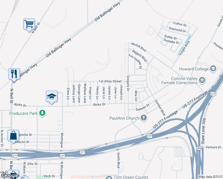 map of restaurants, bars, coffee shops, grocery stores, and more near 1217 James Lane in San Angelo