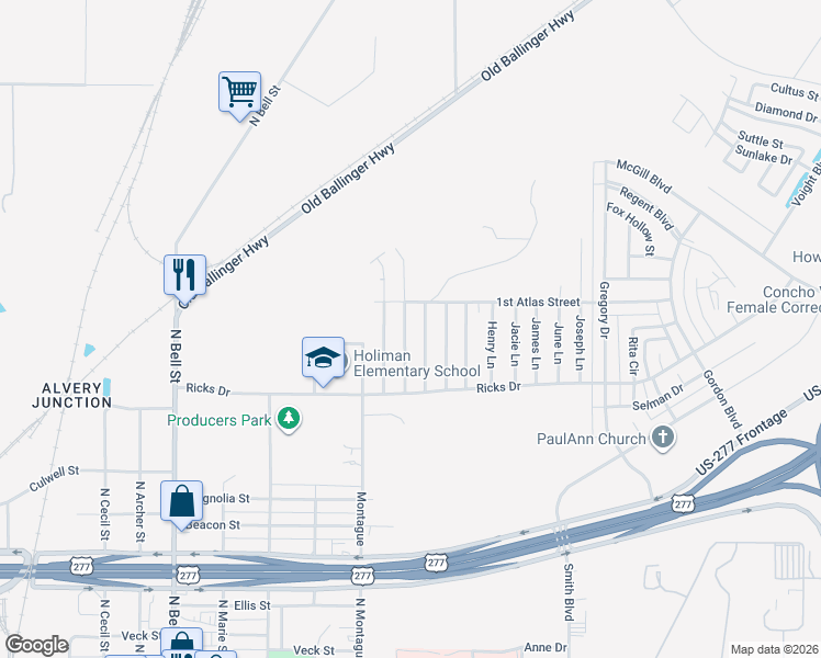 map of restaurants, bars, coffee shops, grocery stores, and more near 1220 Johnny Lane in San Angelo