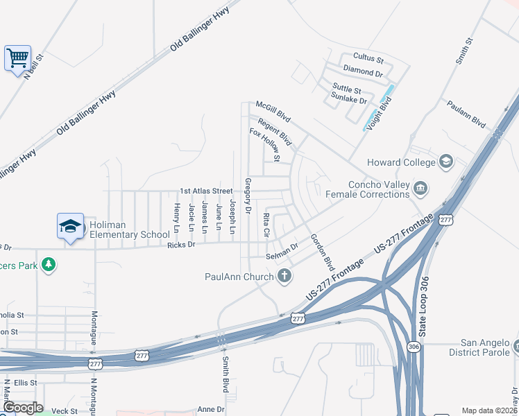 map of restaurants, bars, coffee shops, grocery stores, and more near 1217 Gregory Drive in San Angelo