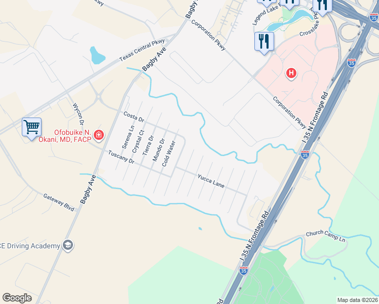 map of restaurants, bars, coffee shops, grocery stores, and more near 6524 Costa Drive in Waco