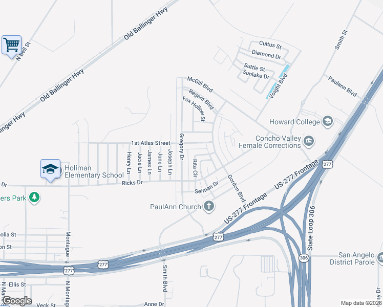 map of restaurants, bars, coffee shops, grocery stores, and more near 1218 Rita Circle in San Angelo