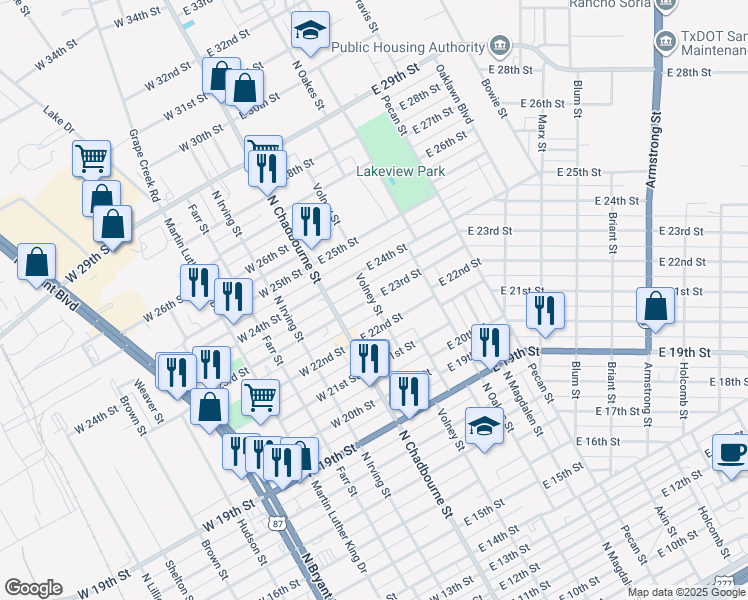 map of restaurants, bars, coffee shops, grocery stores, and more near 2299 Volney St in San Angelo