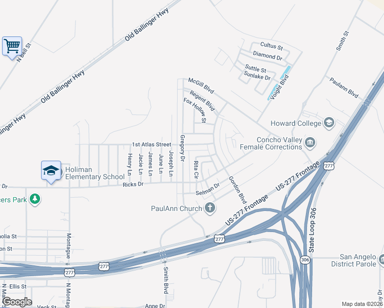 map of restaurants, bars, coffee shops, grocery stores, and more near 1218 Rita Circle in San Angelo