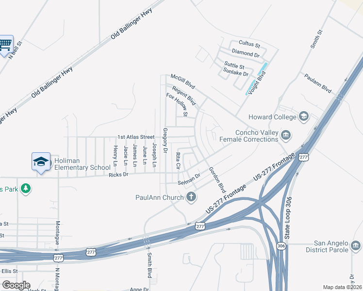 map of restaurants, bars, coffee shops, grocery stores, and more near 1218 Rita Circle in San Angelo