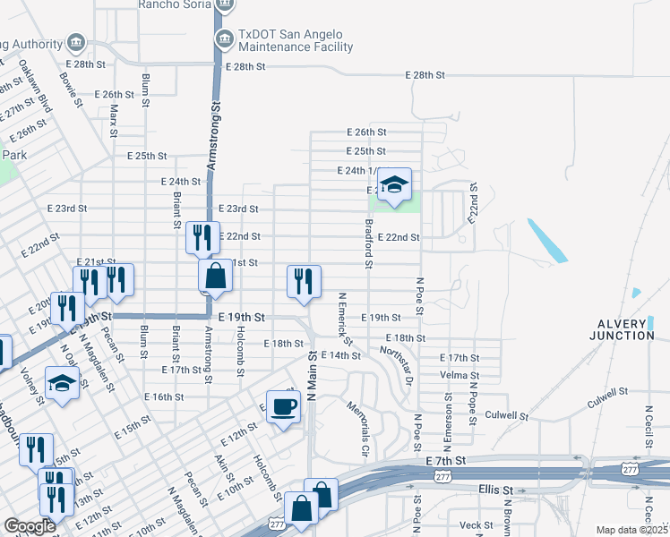 map of restaurants, bars, coffee shops, grocery stores, and more near 1126 East 20th Street in San Angelo