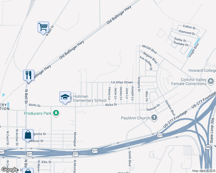 map of restaurants, bars, coffee shops, grocery stores, and more near 1219 Henry Lane in San Angelo