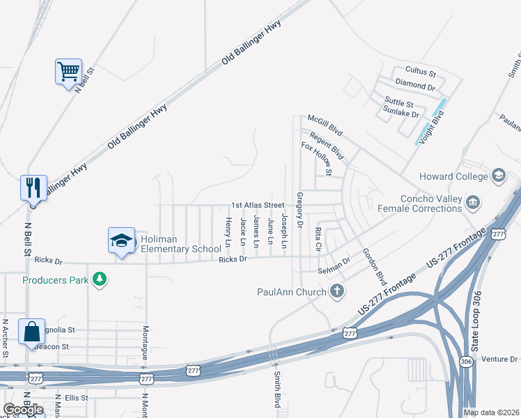 map of restaurants, bars, coffee shops, grocery stores, and more near 2110 1st Atlas Street in San Angelo