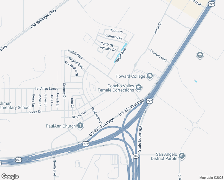 map of restaurants, bars, coffee shops, grocery stores, and more near 2801-3199 Ricks Dr in San Angelo