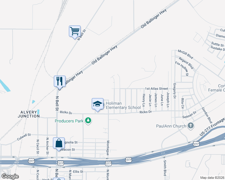 map of restaurants, bars, coffee shops, grocery stores, and more near 1307 Elmo Lane in San Angelo