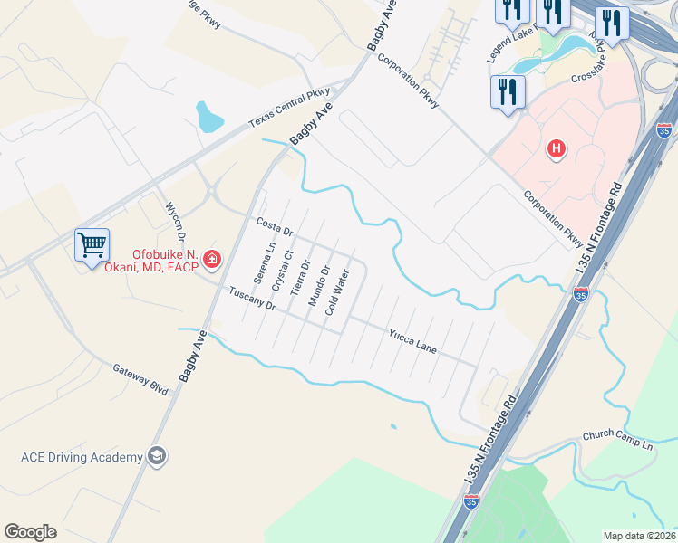 map of restaurants, bars, coffee shops, grocery stores, and more near 6509 Mundo Drive in Waco