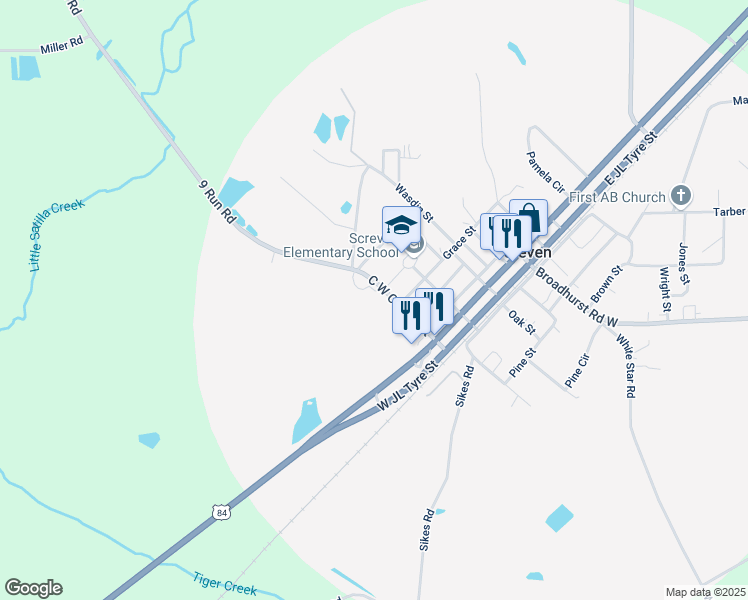 map of restaurants, bars, coffee shops, grocery stores, and more near 506 Nine Run Road in Screven