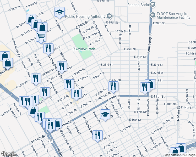 map of restaurants, bars, coffee shops, grocery stores, and more near 201-299 E 23rd St in San Angelo