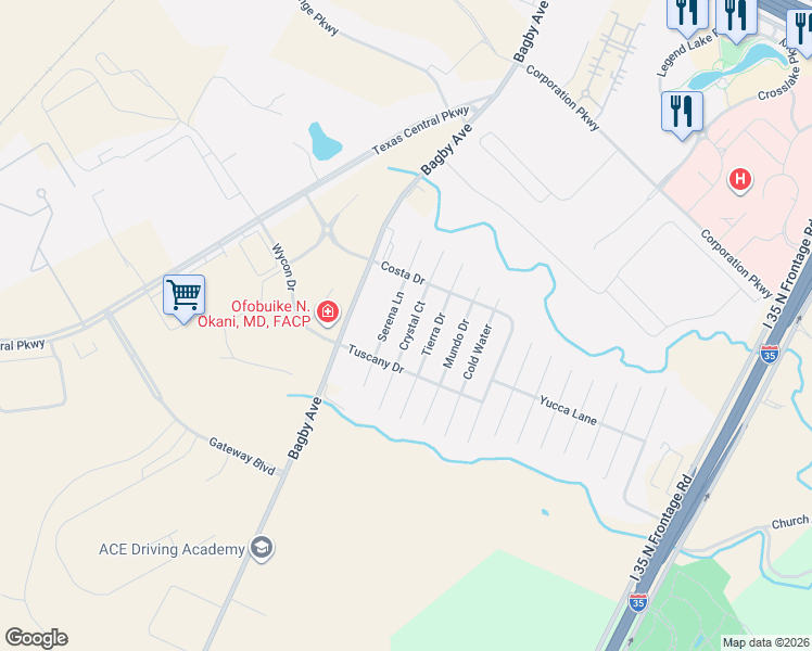 map of restaurants, bars, coffee shops, grocery stores, and more near 6529 Serena Lane in Waco