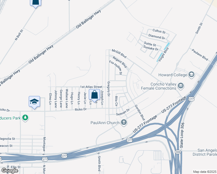map of restaurants, bars, coffee shops, grocery stores, and more near 1227 Gregory Drive in San Angelo