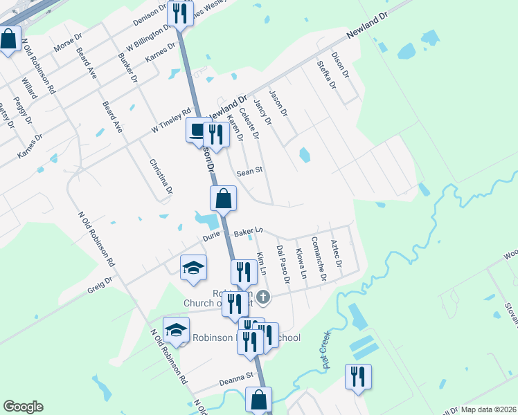 map of restaurants, bars, coffee shops, grocery stores, and more near 513 Kristi Street in Robinson