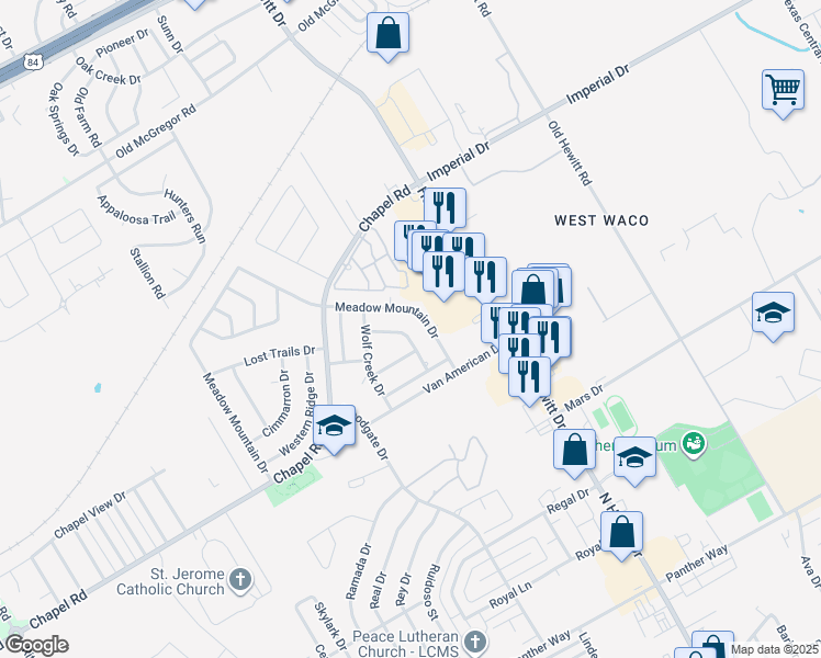 map of restaurants, bars, coffee shops, grocery stores, and more near 1305 Gunnison Drive in Woodway
