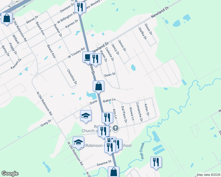 map of restaurants, bars, coffee shops, grocery stores, and more near 513 Kristi Street in Robinson
