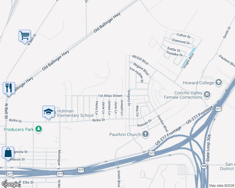 map of restaurants, bars, coffee shops, grocery stores, and more near 2302 1st Atlas Street in San Angelo