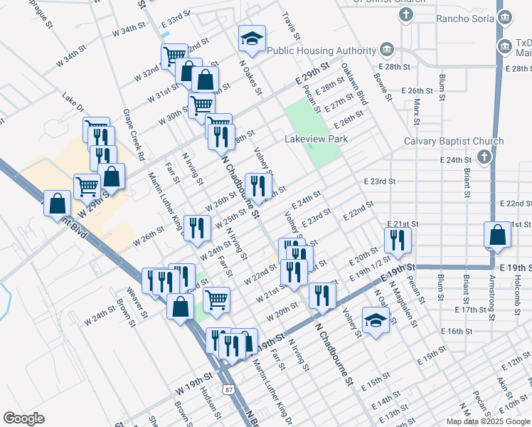 map of restaurants, bars, coffee shops, grocery stores, and more near 2412 North Chadbourne Street in San Angelo
