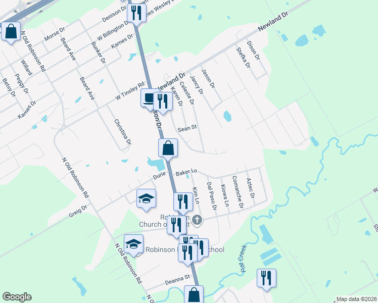map of restaurants, bars, coffee shops, grocery stores, and more near 513 Kristi Street in Robinson