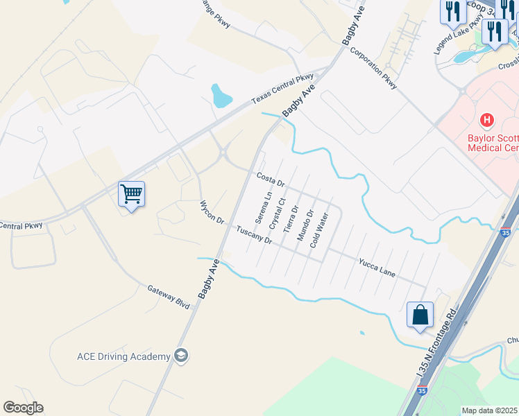 map of restaurants, bars, coffee shops, grocery stores, and more near 6533 Serena Lane in Waco