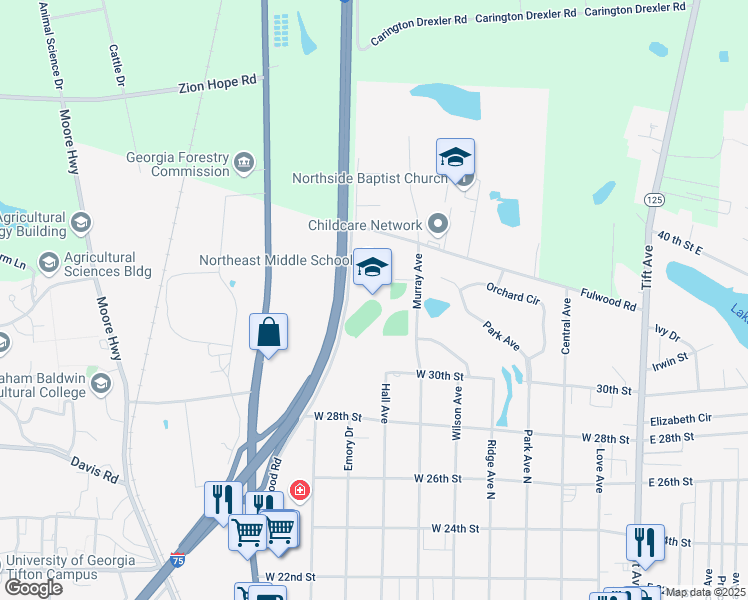 map of restaurants, bars, coffee shops, grocery stores, and more near 3021 Fulwood Road in Tifton