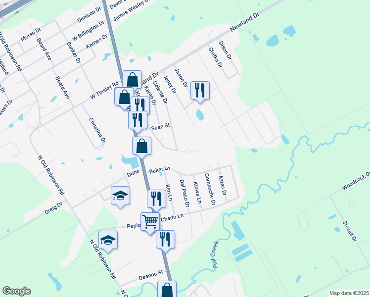 map of restaurants, bars, coffee shops, grocery stores, and more near 506 Kristi Street in Robinson