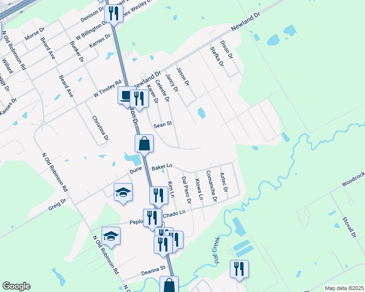 map of restaurants, bars, coffee shops, grocery stores, and more near 506 Kristi Street in Robinson