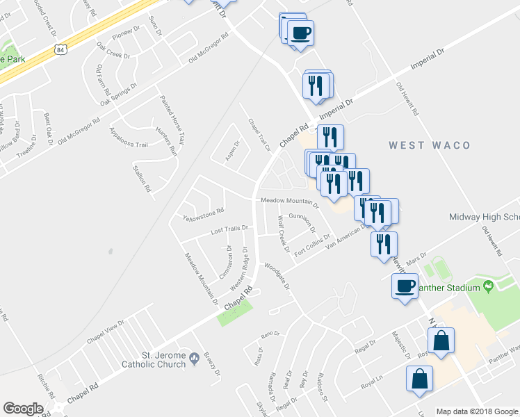 map of restaurants, bars, coffee shops, grocery stores, and more near 9105 Monarch Dr in Waco