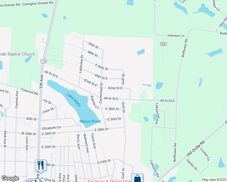 map of restaurants, bars, coffee shops, grocery stores, and more near 912 42nd Street East in Tifton