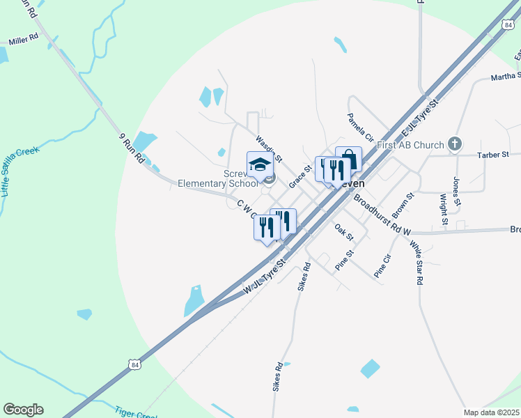 map of restaurants, bars, coffee shops, grocery stores, and more near 506 Nine Run Road in Screven